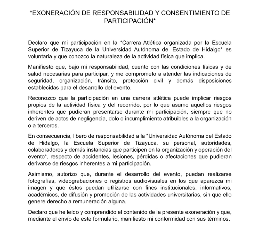 Exoneración de responsabilidad Carrera Atlética